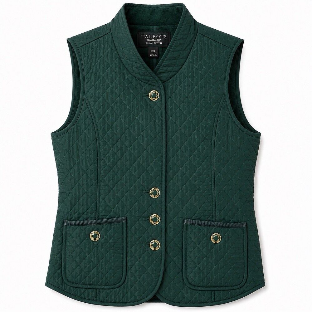 Talbots Vest Women's 1X Petite Green Quilted Button Front Pockets NWOT